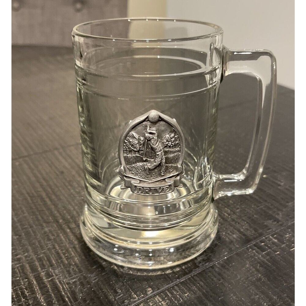 Drive!!Clear Glass Beer Stein Mug Raised Attached Golf Swing Pewter Medallion